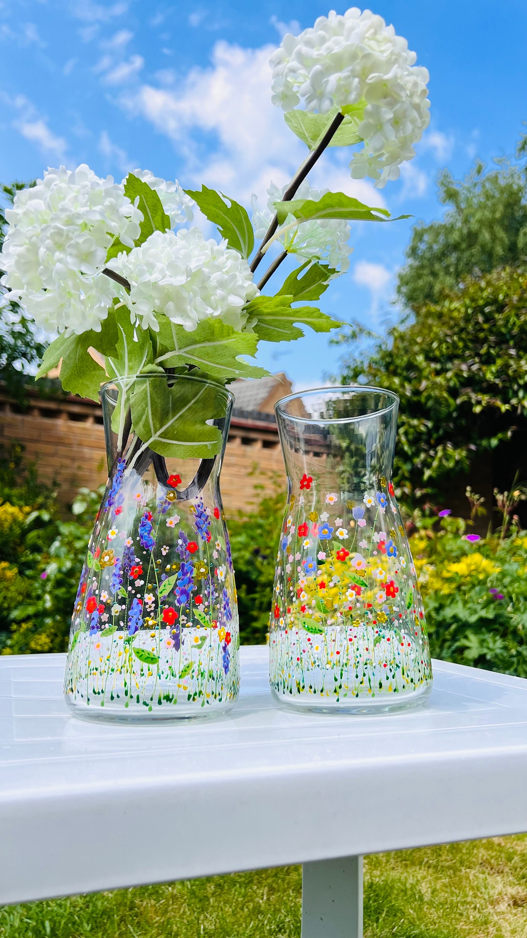Hand painted flower garden vase, glass floral carafe, can be personalised, wedding gift, birthday, housewarming, anniversary, mother’s day