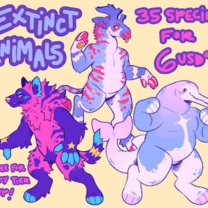 May include: Illustration of three cartoon-style extinct animals in shades of pink, blue, and purple. Text reads "Extinct Animals" and "35 Species for 6 USD". Additional text indicates a free offer. The creatures include a hyena-like figure, a deer-like creature, and a dolphin-like character.