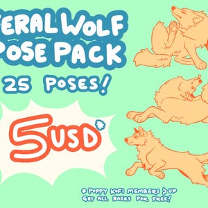 Puede incluir: Paquete de arte digital con ilustraciones de lobos en varias poses. El texto dice "FERAL WOLF POSE PACK 25 POSES!" y el precio es de 5 USD. El fondo es de color verde claro. Texto adicional menciona bases gratuitas para miembros.