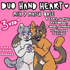 Könnte beinhalten: Ein rosa Grafik mit zwei cartoonartigen Katzenfiguren, die mit ihren Händen ein Herz formen. Der Text lautet "DUO HAND HEART", "MIX & MATCH BASE" und eine Liste von Merkmalen. Der Text "FREE FOR KOFI MEMBERS" ist ebenfalls enthalten.