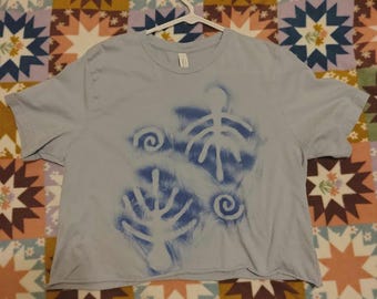 Blue Cropped T-shirt LARGE | Spray Painted Upcycled Unisex Clothing