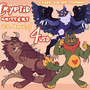 Può includere: Illustrazione di tre creature criptide. L'immagine include una creatura viola e marrone con zanne, una creatura blu scuro simile a un gufo con ali stellate e una creatura verde con una criniera rossa e un cuore sul petto. Il testo recita "Cryptid Critters 22 Bases!" e "4 USD".