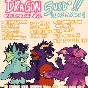 May include: Digital artwork showcasing three dragon characters in teal, purple, and pink. The image includes the word "DRAGON" and "MIX + MATCH BASE", plus a list of customisation options, such as body types, eyes, and accessories.