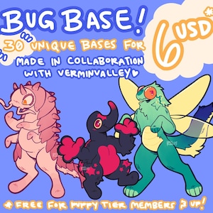 Puede incluir: Ilustración digital "BUG BASE!" con tres personajes de dibujos animados de insectos en rosa, negro y verde. La imagen incluye texto que indica 30 bases únicas, colaboración con Verminvalley y un precio de 6 USD. El fondo es azul claro.