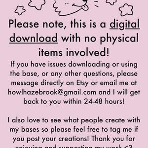 May include: A light pink graphic with a cartoon dog and text. The text says "Please note, this is a digital download with no physical items involved!" and provides contact information for support.
