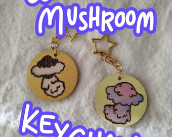 Woodburn Mushroom Keychains: 2" wooden keychains