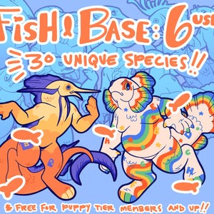 Peut inclure: Illustration de deux personnages de poissons de dessin animé. L'un est orange et jaune avec une nageoire bleue, l'autre est blanc avec des rayures arc-en-ciel et des étoiles. Le texte indique "Fish & Base: 6 USD" et "30 espèces uniques !!"