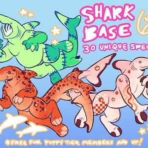 May include: Illustration of four cartoon shark creatures in various colors, including green, orange, and pink. The image includes text that reads "SHARK BASE 30 UNIQUE SPECIES" and "FREE FOR PUPPY TIER MEMBERS AND UP!"