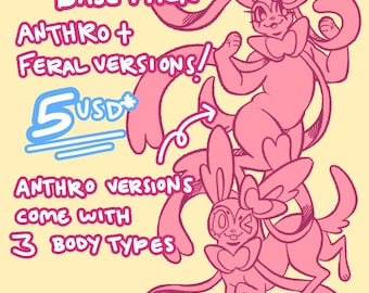 May include: A pink digital art illustration featuring two Sylveon-like characters. Text includes "Eeveelution Base Pack" and "Anthro + Feral Versions!" with the price "5 USD". The text also mentions "Anthro versions come with 3 body types".