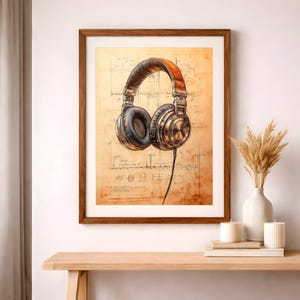 May include: A framed print featuring a detailed illustration of over-ear headphones. The headphones have black earcups, metallic accents, and a brown headband. The background is a sepia-toned sheet of paper with musical notes and sketches.