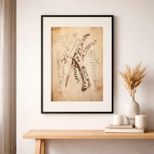 Vintage Pocket Knife Multi-Tool Art Print, Folding Knife Patent Poster, Corkscrew Mechanism Blueprint, EDC Wall Decor, Engineering Gift Art