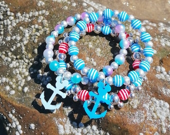 SAIL AWAY With Me Handmade Nautical Cruise Beaded Anchor Mouse Charm Beachy Bracelet - NEW For 2023!