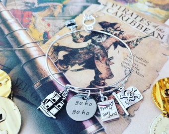 Pirates of The Caribbean  Handmade Expandable Silver Bangle with Silver Pirate Charms Yo Ho Yo Ho