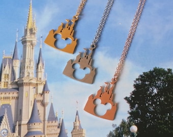 Magic Kingdom Castle Mouse Cut Out themed Bright Silver Tone, Rose Gold or Gold Charm Pendants with Necklace Chain!