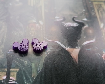 HELLO BEASTIE Evil Villain Maleficent Engraved Purple Mouse Shaped Stud Earrings - Halloween!