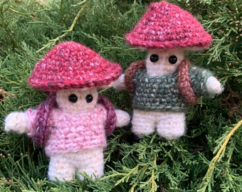 The Adventurer - Mushroom Folk Crochet Figure - Amigurumi Toadstool doll plushie - Unique handmade gift