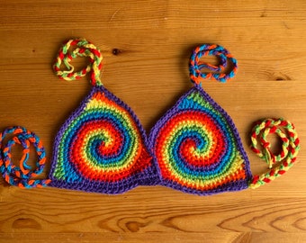 Rainbow spiral crochet bralette pattern - 6 colour bikini bra top - colourful bright festival beach - small, medium, large