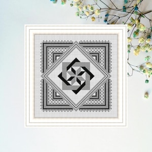 Patrón de punto de cruz de azulejos cuadrados, gráfico de bordado de puntada X antiguo, muestra de punto de cruz monocromo, puntada geométrica, descarga instantánea PDF