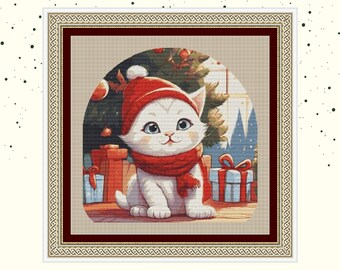 May include: A white cat wearing a red Santa hat and scarf sits in front of a Christmas tree with presents. The cat is looking at the viewer with a happy expression.