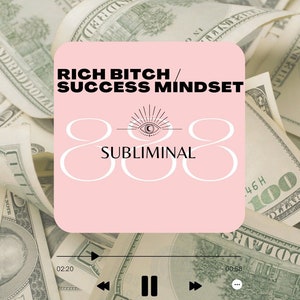 May include: A pink audio player with the text "RICH BITCH/SUCCESS MINDSET 888 SUBLIMINAL" on it. The player is surrounded by US dollar bills.