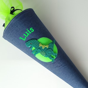 School cone for boys with dinosaur, fabric candy cone with name, T-Rex dinosaur