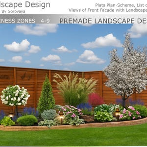 Diseño de paisaje prediseñado, berma de paisaje, berma de zonas 4-9, jardín de berma de flores, jardín de hostas, jardín de hortensias, césped ornamental, terreno de esquina