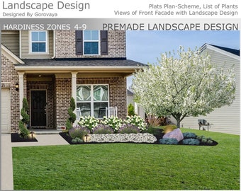 May include: A premade landscape design for a brick house with a white flowering tree, a small bed of white flowers, and a large rock in the front yard. The design is for hardiness zones 4-9.
