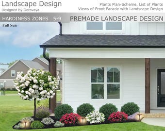 May include: A pre-made landscape design plan featuring a white house with a black roof and trim. The yard includes a variety of plants, including a tree with white flowers, green bushes, and colorful flowering plants. The text on the image reads "Landscape Design".