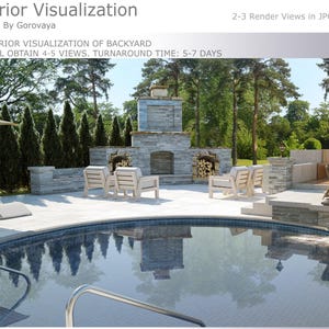 Könnte beinhalten: Ein Garten mit einem Swimmingpool, einem Steinkamin und Liegestühlen. Der Pool ist von einer Steinterrasse und einer üppigen grünen Hecke umgeben.