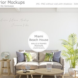 Interior mockup, Beach Home, Beach House, Summer Tropical House Mockup, Miami Beach Villa, Wall Mockup, Wallpaper Mockup, Living Room Mockup