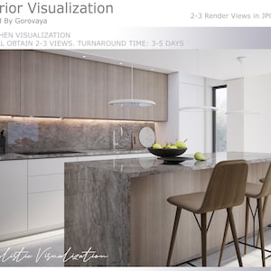 Può includere: Una rappresentazione 3D di una cucina moderna con armadi bianchi, un piano di lavoro in marmo e due sgabelli da bar in legno. La cucina presenta una grande finestra, un lavello in acciaio inossidabile e un forno nero. Il testo "Interior Visualization" e "Designed By Gorovaya" è visibile nella parte superiore dell'immagine.