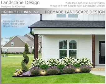 May include: A white house with a black roof and a brown wooden post. The front yard has a landscaping design with white flowers, purple flowers, and green bushes. The text "HARDINESS ZONES 5-8" and "PREMADE LANDSCAPE DESIGN" is visible at the top of the image.