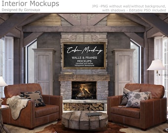 Interior Mockup, Fireplace Mockup, Livingroom Mockup, American Ranch Cabin Mockup, Rustic Mockup