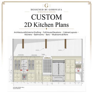 Può includere: Un piano cucina 2D personalizzato di Designed by Gorovaya con disegni architettonici per layout di armadi, cucine, bagni e bar. Il disegno tecnico mostra una parete cucina con frigorifero, misure dettagliate ed etichette descrittive.