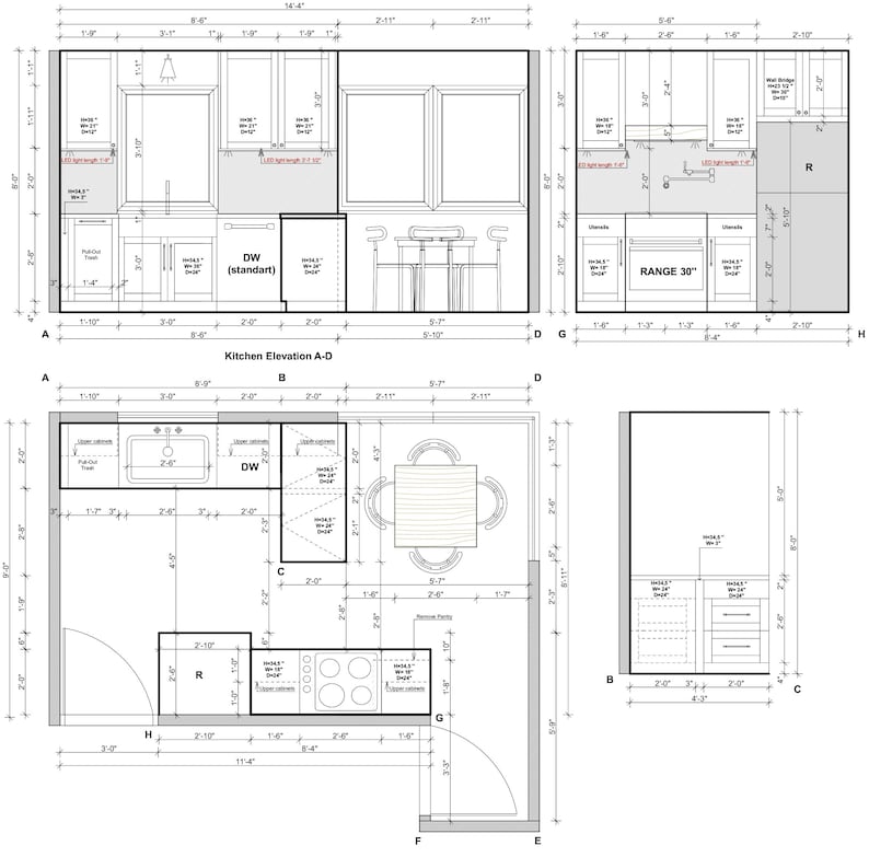 Kitchen Cabinet Layout Draft, 2D Custom Kitchen Design, Cabinet Layout ...