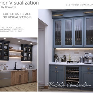 Può includere: Una visualizzazione 3D di uno spazio bar per il caffè con un armadio blu con porte in vetro, un frigorifero per il vino e una macchina per il caffè. L'armadio ha un bancone in legno con un lavandino e un rubinetto. L'armadio si trova in una stanza con pavimento in legno e pareti bianche.