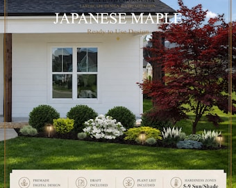 Könnte beinhalten: Eine digitale Landschaftsdesign-Visualisierung mit einer weißen Hausfassade, einem japanischen Ahorn, grünen Sträuchern und weißen Blumen. Der Text enthält "JAPANESE MAPLE", "Ready to Use Design" und "HARDINESS ZONES 5-9 Sun/Shade".