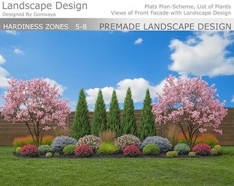 Op de afbeelding: Een kant-en-klaar landschapsontwerp met roze bloesem bomen, groene struiken en groenblijvende bomen tegen een blauwe lucht. De afbeelding bevat tekst zoals "Landscape Design" en "Premade Landscape Design".