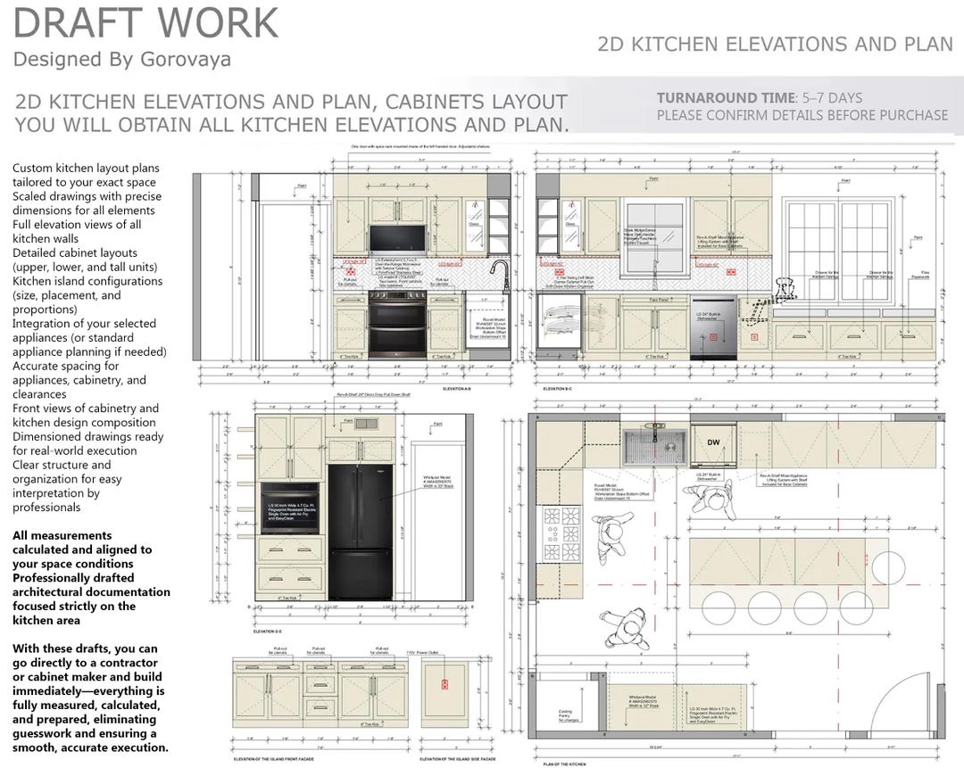 Complex Kitchen Cabinet Layout Draft, 2D Custom Kitchen Design, Cabinet ...