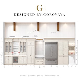 Puede incluir: Un diseño de elevación de cocina de Gorovaya con gabinetes blancos, un refrigerador de acero inoxidable, vigas de madera e iluminación empotrada. El dibujo técnico incluye medidas detalladas en pies y pulgadas.