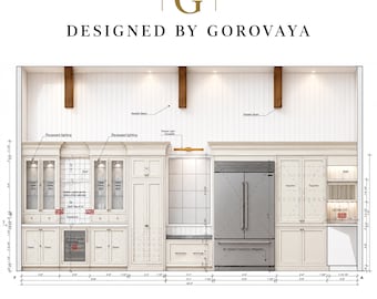 Puede incluir: Un diseño de elevación de cocina de Gorovaya con gabinetes blancos, un refrigerador de acero inoxidable, vigas de madera e iluminación empotrada. El dibujo técnico incluye medidas detalladas en pies y pulgadas.