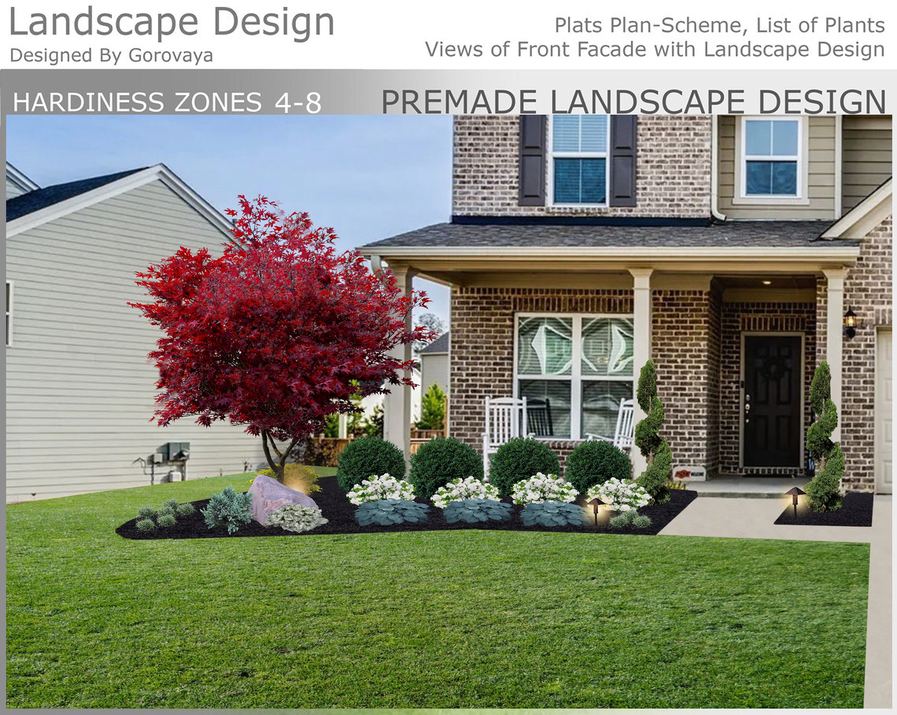 Zone 4-8 Landscape, Landscape Design, Landscape Layout, Plant List, Japanese Maple, Juniper, Right Side Front Yard Design, Full Sun