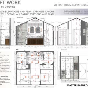 Puede incluir: Planos arquitectónicos detallados de un baño principal, con alzados y planos de planta. El diseño incluye una ducha, un tocador y un inodoro, con medidas y anotaciones. Texto: "Draft Work" y "2D Bathroom Elevations and Plan."