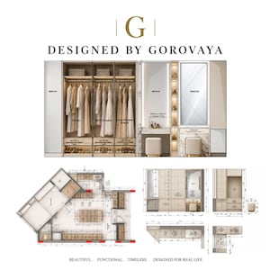 May include: A technical architectural design plan by Gorovaya featuring a walk-in closet layout with hanging robes, short dresses, and long gowns. The design includes a vanity area with a mirror, a stool, and detailed floor plans with metric measurements.