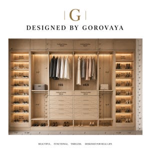 May include: A light wood closet system labeled DESIGNED BY GOROVAYA with integrated LED lighting, hanging rods, drawers, and shelves. The unit features specific sections for shoes, folding clothes, and hanging garments with imperial measurements.
