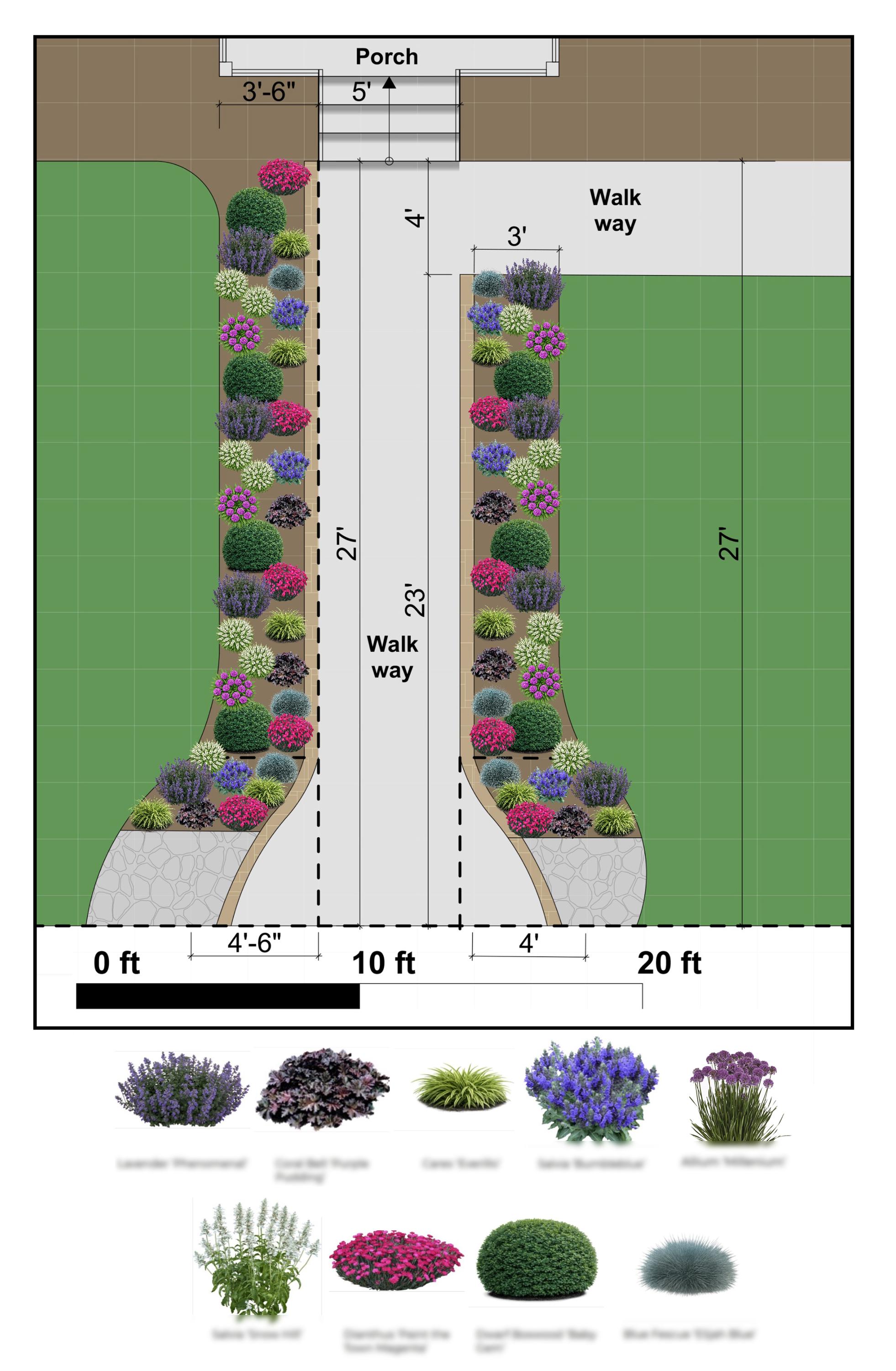 Ready to Use Front Landscape Layout | Walkway Garden Plan (zones 5-9 ...
