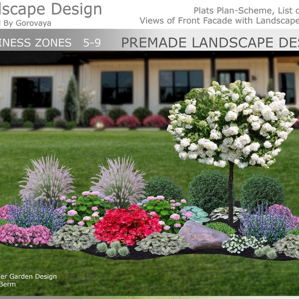 Premade Landscape Design, Flower Berm, Zone 5-9 Berm, Berm Flower Garden, Hosta Garden, Hydrangea Garden, Ornamental Grass, Landscape