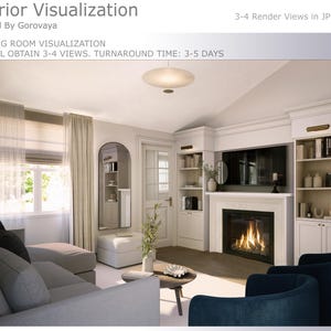Puede incluir: Visualización interior digital de una sala de estar. La habitación cuenta con un sofá seccional gris, una chimenea con fuego encendido y estanterías empotradas. El texto en la imagen dice "Interior Visualization".
