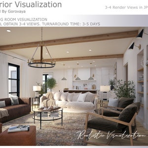 May include: A 3D rendering of a living room interior design with a brown leather sofa, two armchairs, a white sectional sofa, a coffee table, a rug, and a chandelier. The room has a white and brown color scheme with wooden beams on the ceiling.