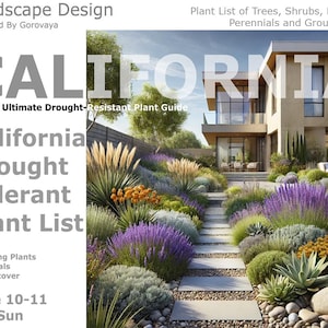 May include: A digital guide to drought-tolerant plants for California gardens. The guide features a photo of a lush, landscaped yard with a modern home in the background. The text "California Drought Tolerant Plant List" is displayed on the left side of the image. The guide includes a list of trees, shrubs, flowering plants, perennials, and groundcover. The guide also states that the plants are suitable for Zone 10-11 and full sun.